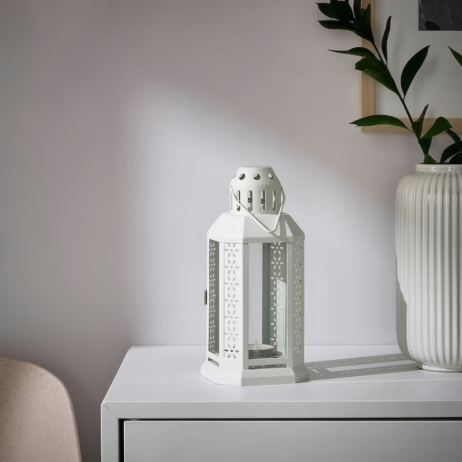 ENRUM Lantern for tealight, in/outdoor, white, 22 cm