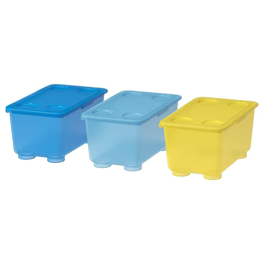 GLIS Box with lid, yellow/blue, 17x10 cm, 3pcs