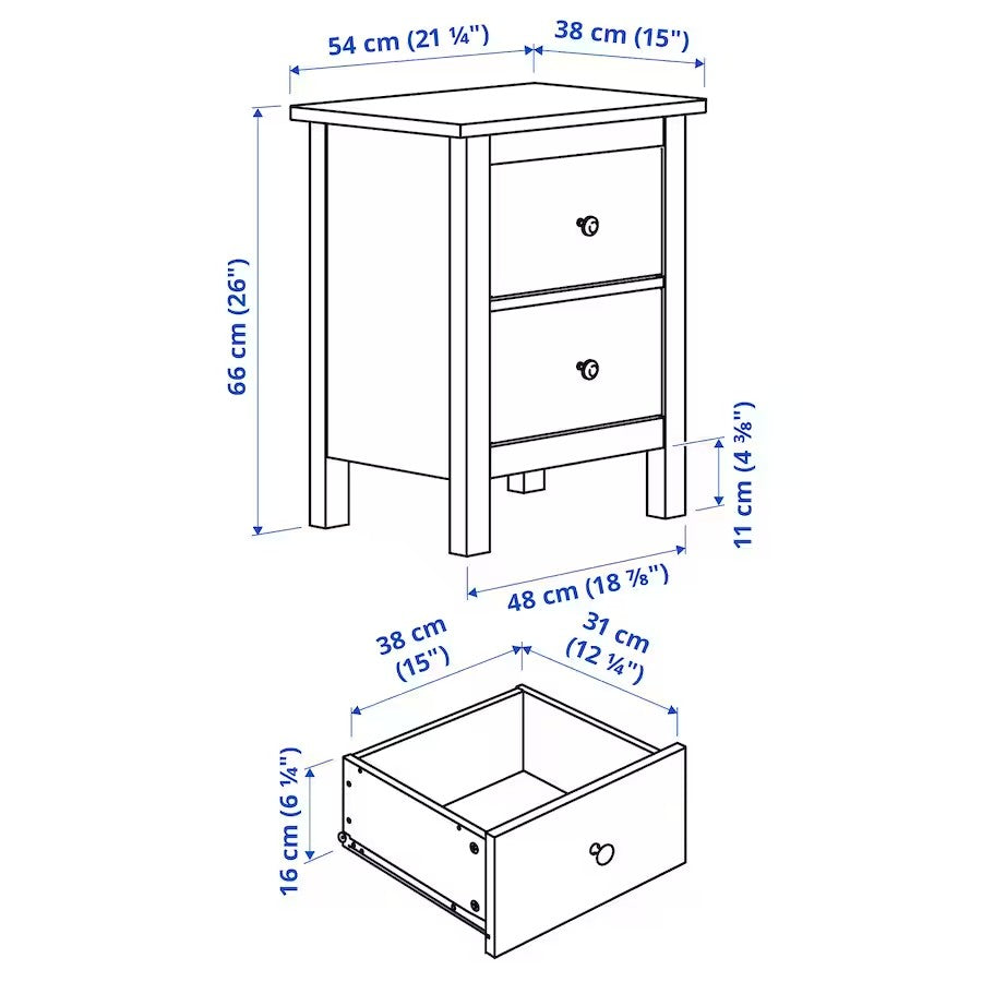 HEMNES Chest of 2 Drawers, White, 54x66 cm