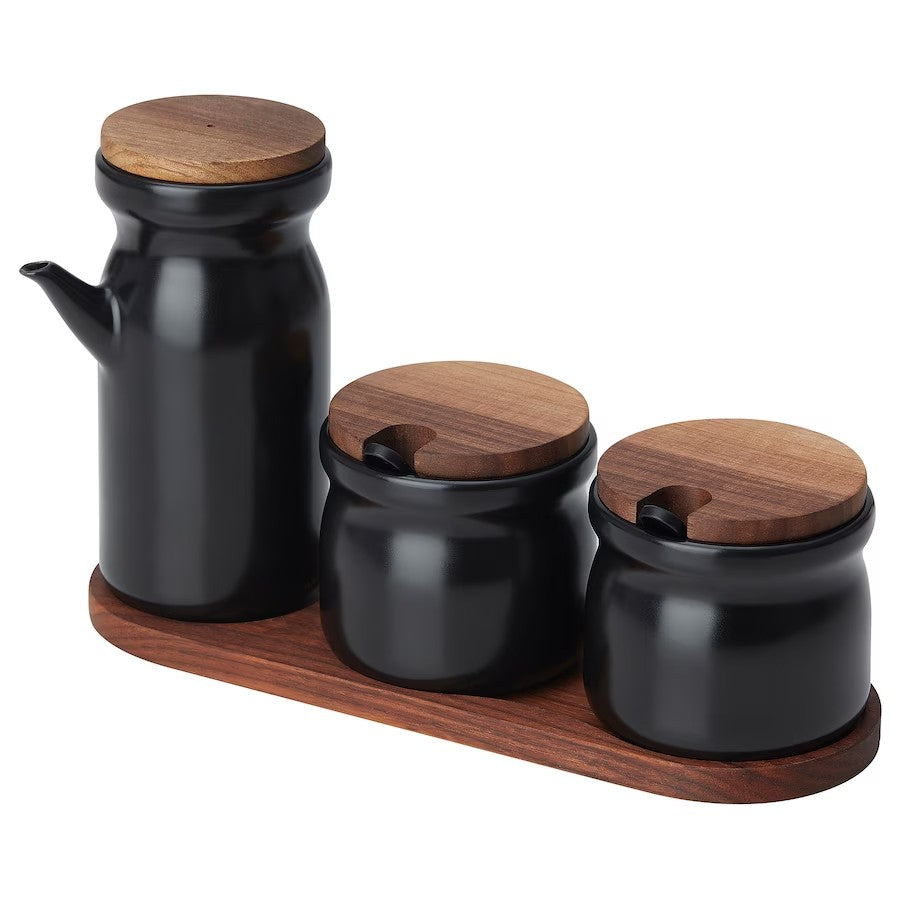 HULDHET Spice jar with tray, set of 3, ceramic/black