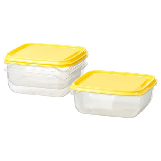 PRUTA Food container, transparent/yellow, 0.6 l 3pcs