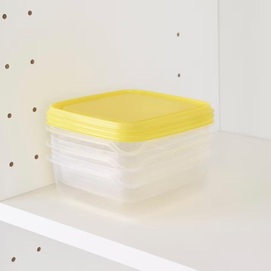 PRUTA Food container, transparent/yellow, 0.6 l 3pcs