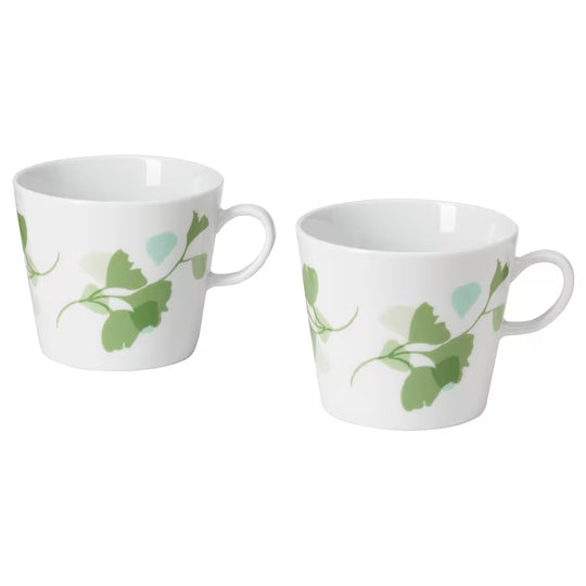 STILENLIG Mug, leaf patterned white/green, 33 cl
