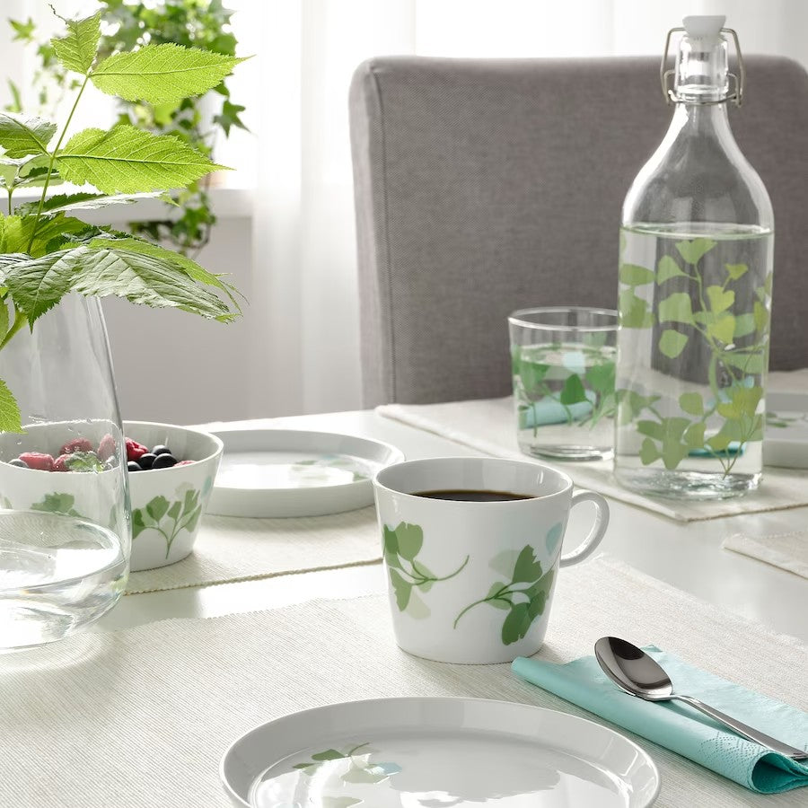 STILENLIG Mug, leaf patterned white/green, 33 cl